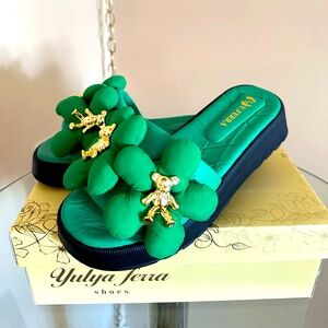 Slip On Leather Sandals Teddybear Green Padded Flower Made In Türkiye Size 8